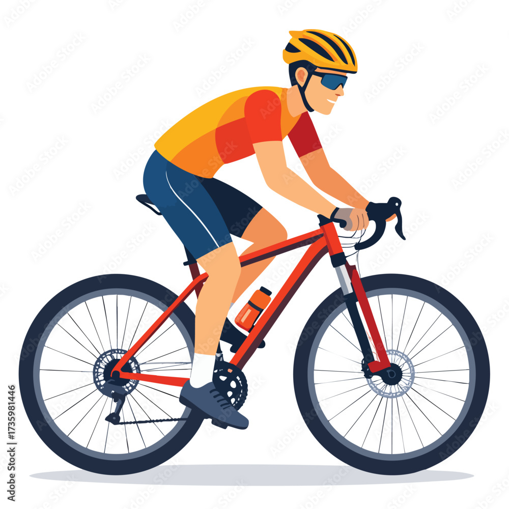 Obraz premium Cyclist wearing a helmet and sunglasses riding a red mountain bike.