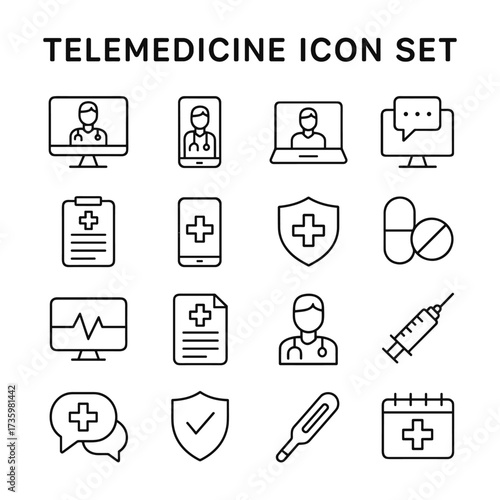 Remote healthcare vector icon collection. Outline symbols. Line design