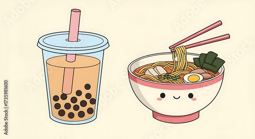 Cute kawaii style bubble tea and ramen noodles illustration