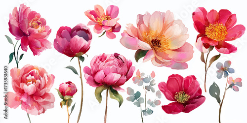 Soft watercolor floral arrangement with delicate pink and peach blossoms and greenery