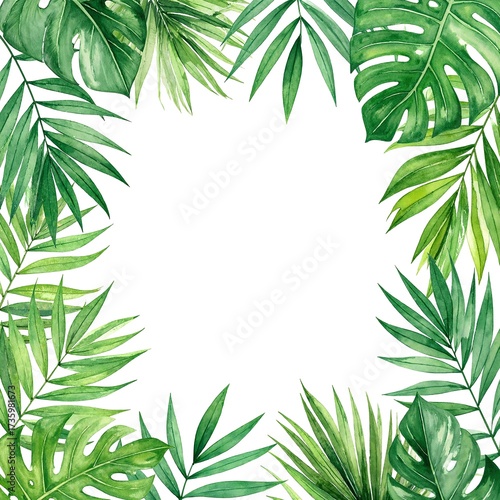 Wallpaper Mural A vibrant watercolor illustration featuring lush tropical leaves in various shades of green, elegantly framing the edges of the image for a fresh, exotic feel. Torontodigital.ca