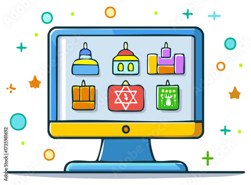 Digital display of diverse religious symbols and faith icons on a computer screen illustration