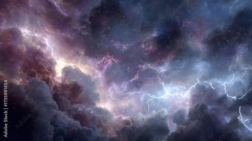 Fototapeta premium Realistic outer space storm background, scientifically accurate nebula clouds with plasma bursts, authentic star field and galactic core, high-resolution astrophotography style, natural cosmic colors.