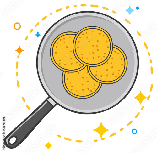 Frying Pan Filled with Golden Pancakes Illustration with Sparkles