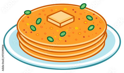 Delicious cartoon stack of golden pancakes with butter and green toppings on a breakfast plate.