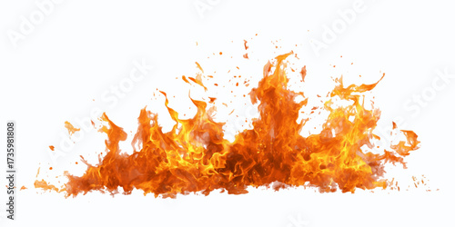 Intense orange and yellow flames rising against a stark white background