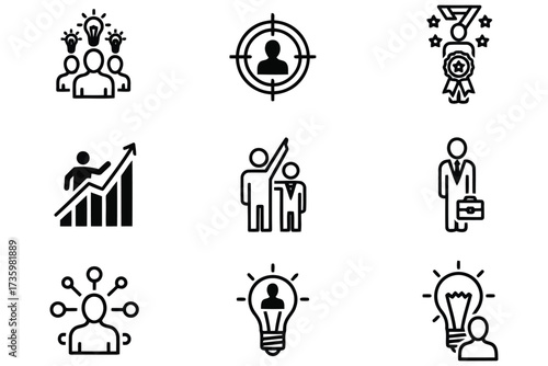 Vector art of business and leadership icons, featuring teamwork, target, achievement, growth, mentorship, professionalism, networking, idea, and innovation