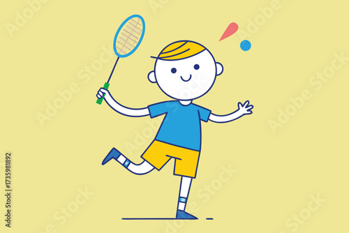 Cartoon Boy with Badminton Racket Playing and Having Fun on Light Yellow Background