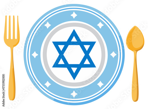 Jewish cultural meal plate with Star of David symbol alongside golden fork and spoon