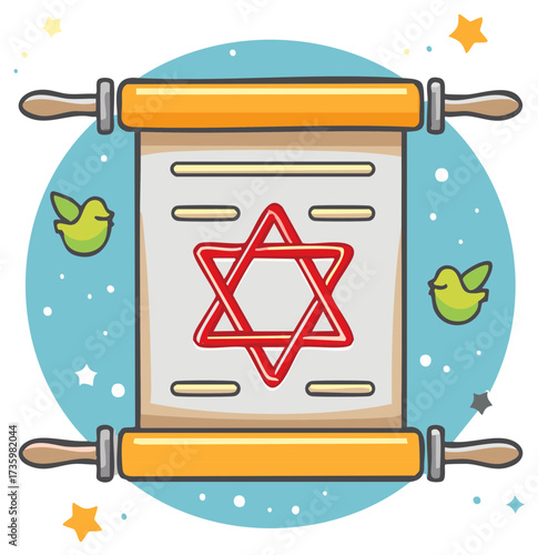 Illustration of Torah scroll with Star of David, cartoon birds, and stars on a blue background.