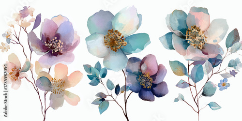 Soft watercolor floral arrangement with delicate pastel blue pink and purple blossoms on white background