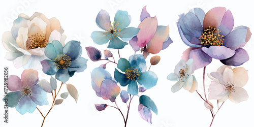 Soft watercolor floral arrangement with delicate pastel blue pink and purple blossoms on white background