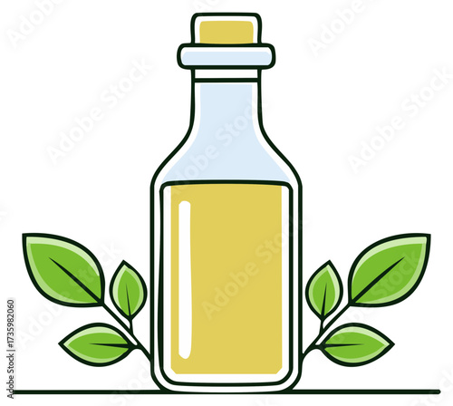 Essential oil bottle with green leaves and natural beauty elements illustration
