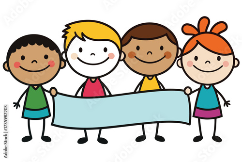Cartoon Children Holding a Blank Light Blue Banner for Text or Message Displayed