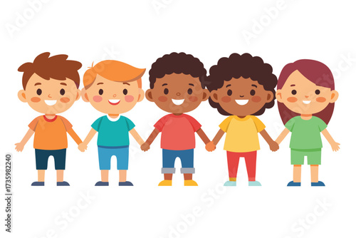 Cartoon Children Holding Hands Diverse Group of Friends with Smiling Faces and Colorful Clothing