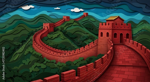 Vibrant red great wall of china winding through lush green mountains