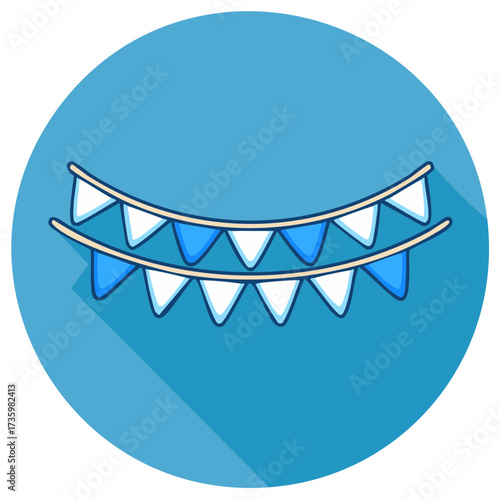 Festive blue and white triangular bunting flags strung together for celebration