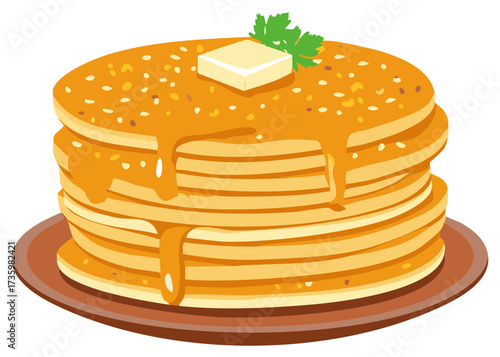 Delicious Stack of Golden Pancakes with Dripping Syrup, Butter Pat, and Fresh Green Garnish Vector Illustration