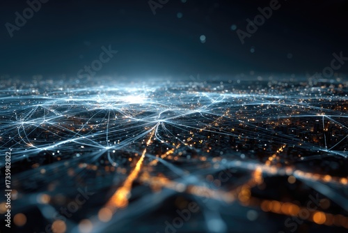 Abstract illustration of interconnected networks, glowing lines and particles on a dark background