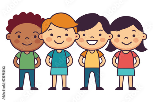 Cartoon Group of Diverse Children Standing Together Smiling, Illustration of Four Young Friends