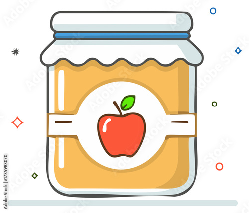 Glass jar with apple label filled with honey or jam. Sealed with cap and rubber band. Cute vector drawing