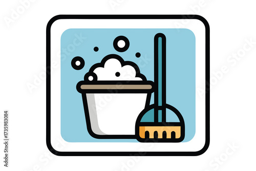 Cartoon Icon Featuring a Bucket with Suds and a Cute Yellow Cleaning Brush