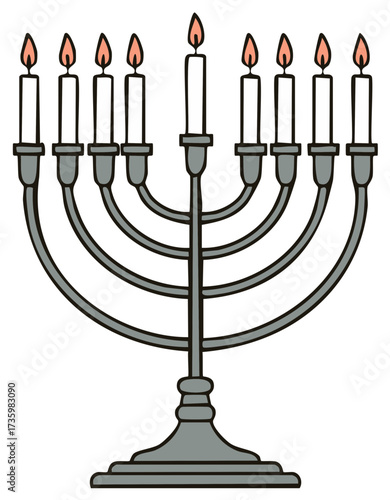 Illustrated Menorah with Lit Candles for Hanukkah Celebration