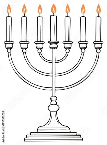 Seven branched candelabrum with lit candles, isolated on white