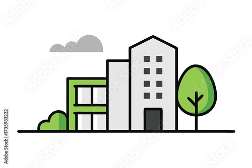 Cartoon Illustration of Modern Building, Greenery, Tree, and Cloud on a White Background