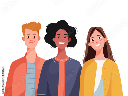 Three friends stand close together, each with unique hairstyles and outfits. Their happy expressions reflect friendship and joy in a fun, upbeat atmosphere.