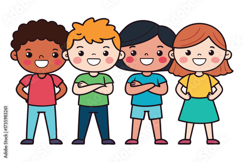Cartoon Illustration of Four Smiling Children with Diverse Hairstyles and Skin Tones Posing Together