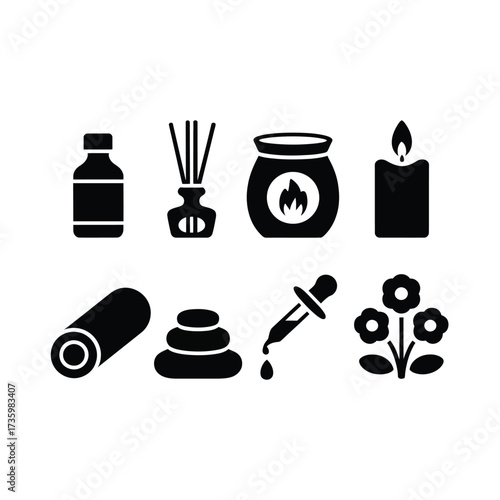 Set of black silhouette icons vector illustration scalable eps icons for spa wellness aromatherapy and relaxation silhouette vector illustration white background
