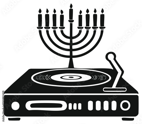 Hanukkah menorah with lit candles atop a classic retro vinyl record player deck illustration