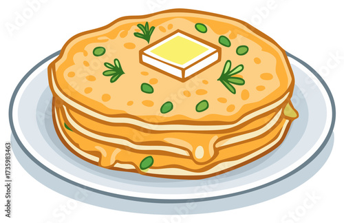 Vibrant cartoon illustration of traditional Indian flatbreads stacked with ghee and green herb topping