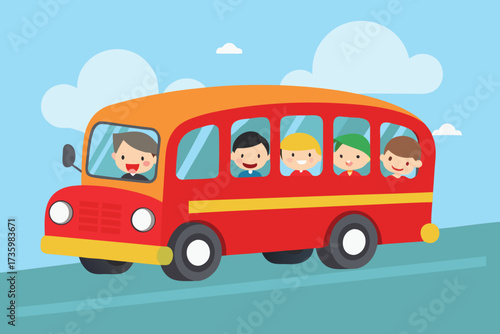 Cartoon School Bus with Happy Children and Driver on Blue Cloudy Sky