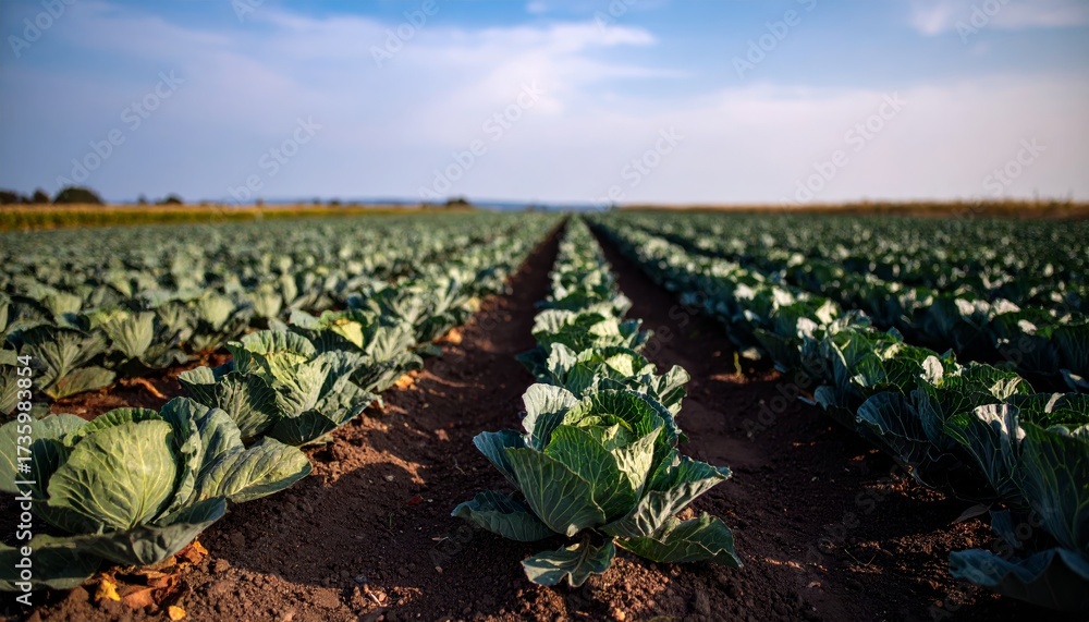 Fototapeta premium Cabbage field on garden area under the blue sky