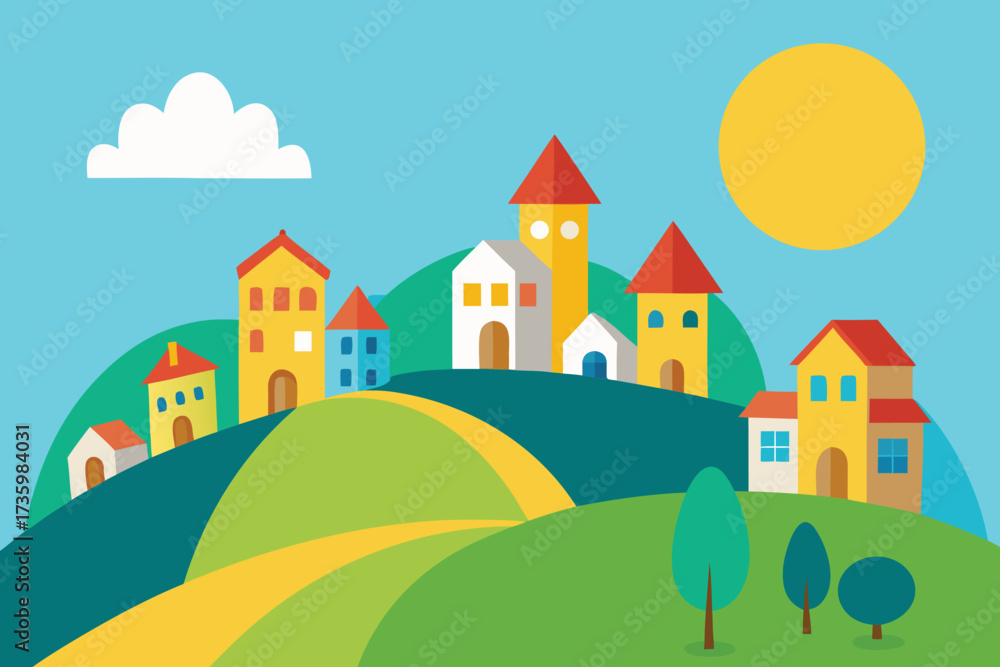 Naklejka premium Cartoon Village with Colorful Houses, Green Hills, Blue Sky, Sun, and Cloud