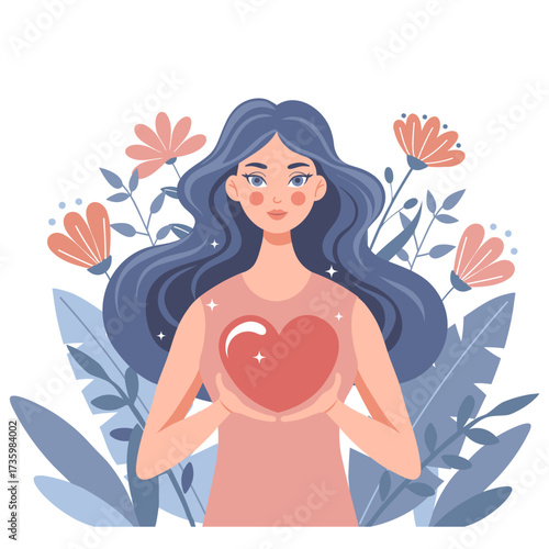 Beautiful woman holding a heart. Self love and compassion concept.