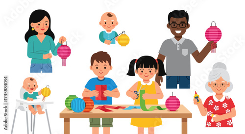 Photos Happy multi-ethnic family and children making crafts with paper lanterns