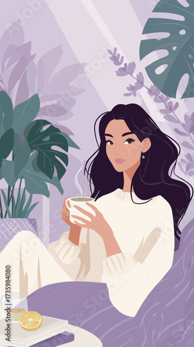 A woman with long dark hair sits comfortably in a cozy chair, sipping tea in a bright indoor garden filled with green plants. Sunlight streams through the window.