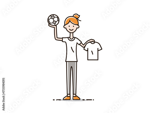 A girl smiles while holding a soccer ball in one hand and a shirt in the other. She appears excited and ready for a fun day of playing sports outdoors.