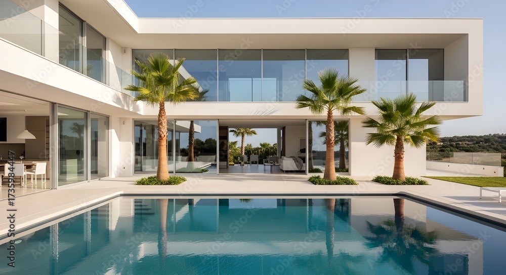 Fototapeta premium A sleek white modern minimalist villa with large glass windows, infinity pool, clean lines, and palm trees, ultra realistic 4K, architectural photography style
