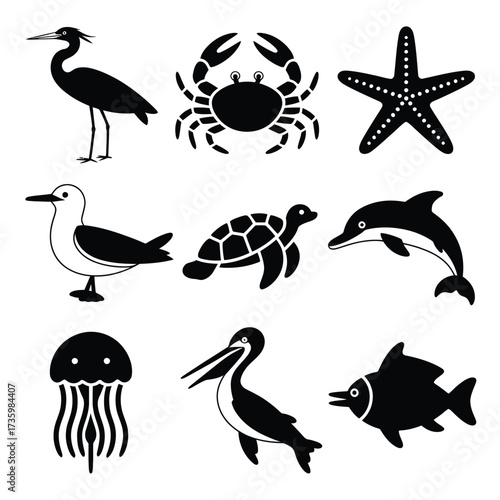 Set of nine marine and avian silhouettes vector illustration scalable eps icon collection silhouette vector illustration white background