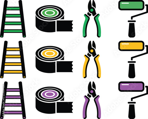 Collection of diy and construction tools like ladders, tape rolls, pliers, and paint rollers, isolated on white background