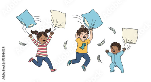 Three happy children joyfully engaged in a lively pillow fight throwing pillows and feathers in the air.