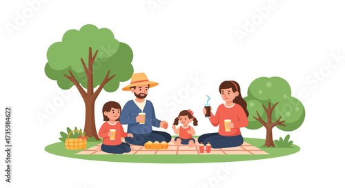 Happy family enjoying a sunny picnic outdoors under trees.