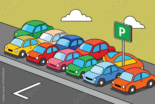Colorful Cartoon Cars Parked Neatly in a Row with Parking Sign and Clouds Above