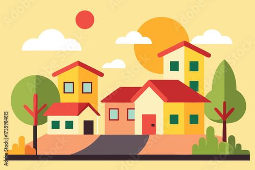 Colorful Cartoon Houses with Red Roofs, Green Trees, Clouds, and Sun on Beige Background