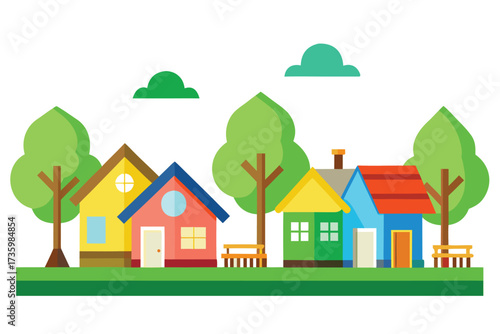 Colorful Cartoon Houses in a Row With Trees, Clouds, and Benches Design