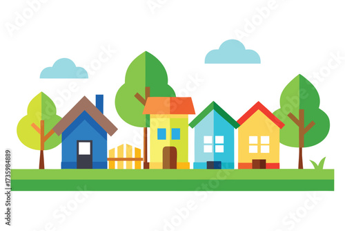 Colorful Cartoon Houses, Trees, and Clouds on Green Grass Illustration